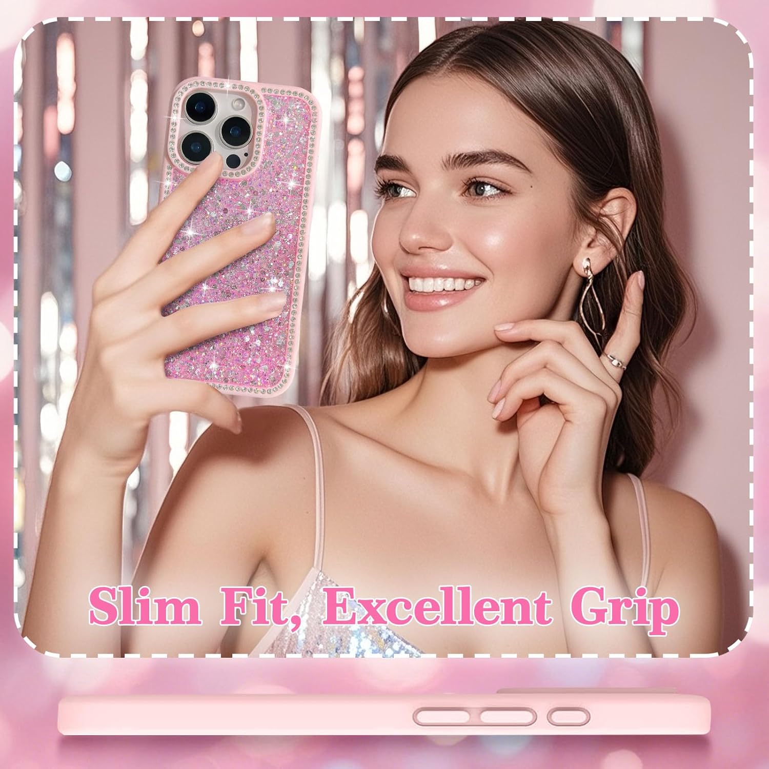 EYZUTAK for iPhone 16 Plus Case, Luxury Bling Shiny Glitter Sequin Phone Case with Sparkly Crystal Diamonds Rhinestone Border Aesthetic Cute Slim Soft Durable TPU Protective Cover for Women Girls-Pink - Image 8