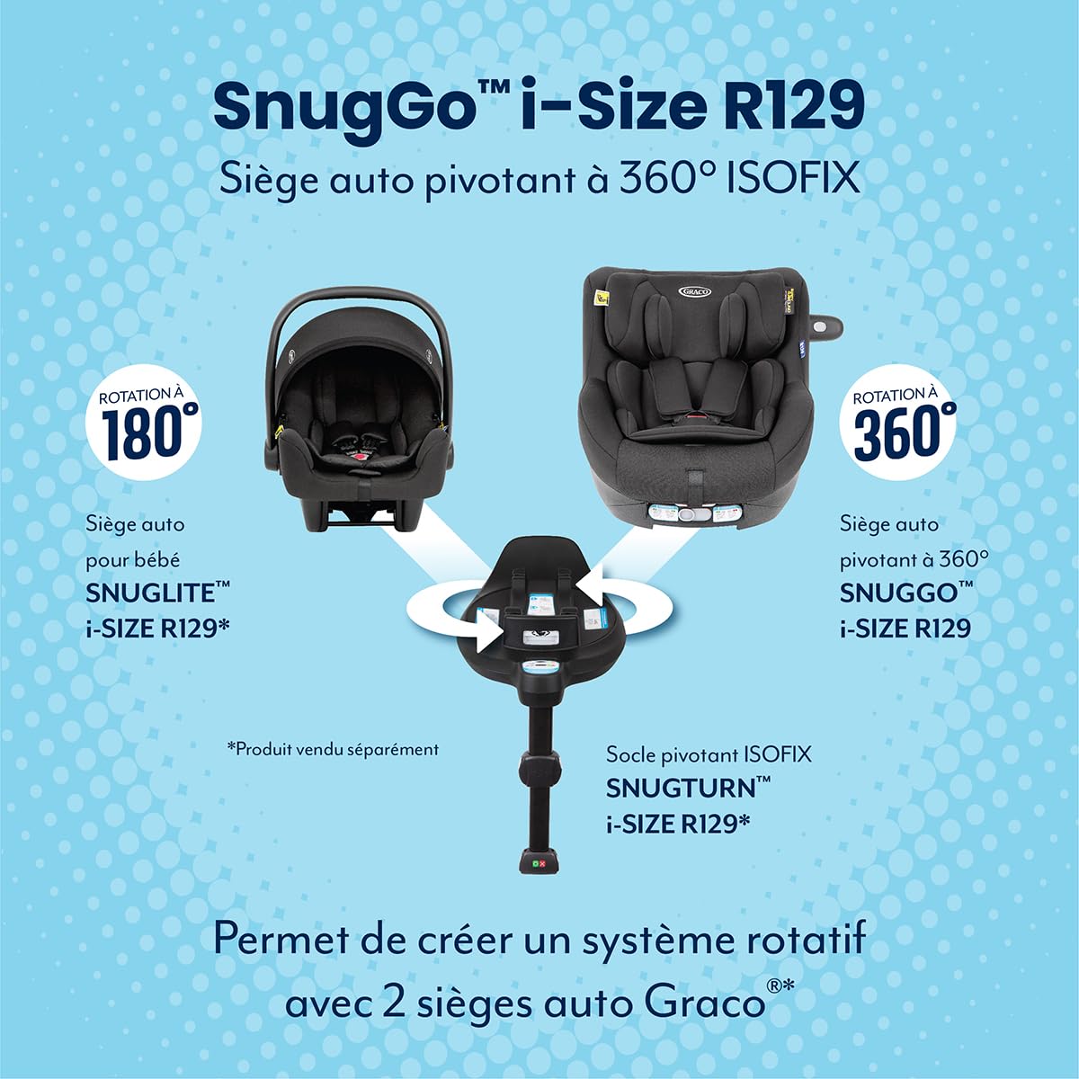 Graco SnugGo i-Size R129, siège auto rotatif à 360° ISOFIX, de 40 à 105 cm (de la naissance jusqu'à environ 4 ans), harnais à 5 points et position allongée, barre anti-rebond, noir, Midnight