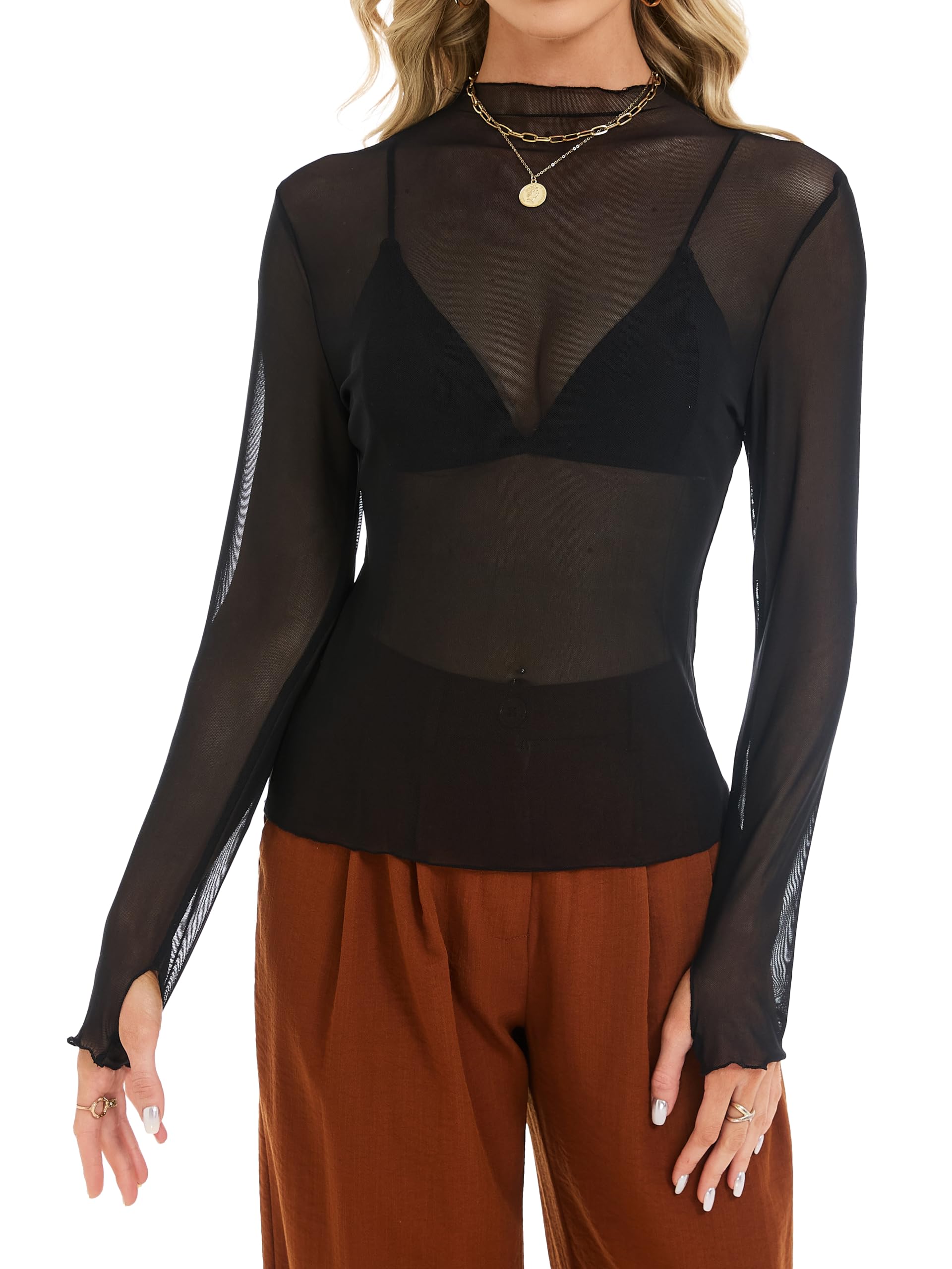Enjyam Damen Netzoberteil Mesh Shirt Stehkragen Sexy Transparent Langarmshirt Stretch Oberteil für Party Clubwear