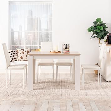 Dining Table with 4 Chairs Dining Room Group Set of 4 Dining Room Chairs and Rectangular Wooden Table Dining Set for Living Room Kitchen Office (Oak White Table + 4 White Chairs)