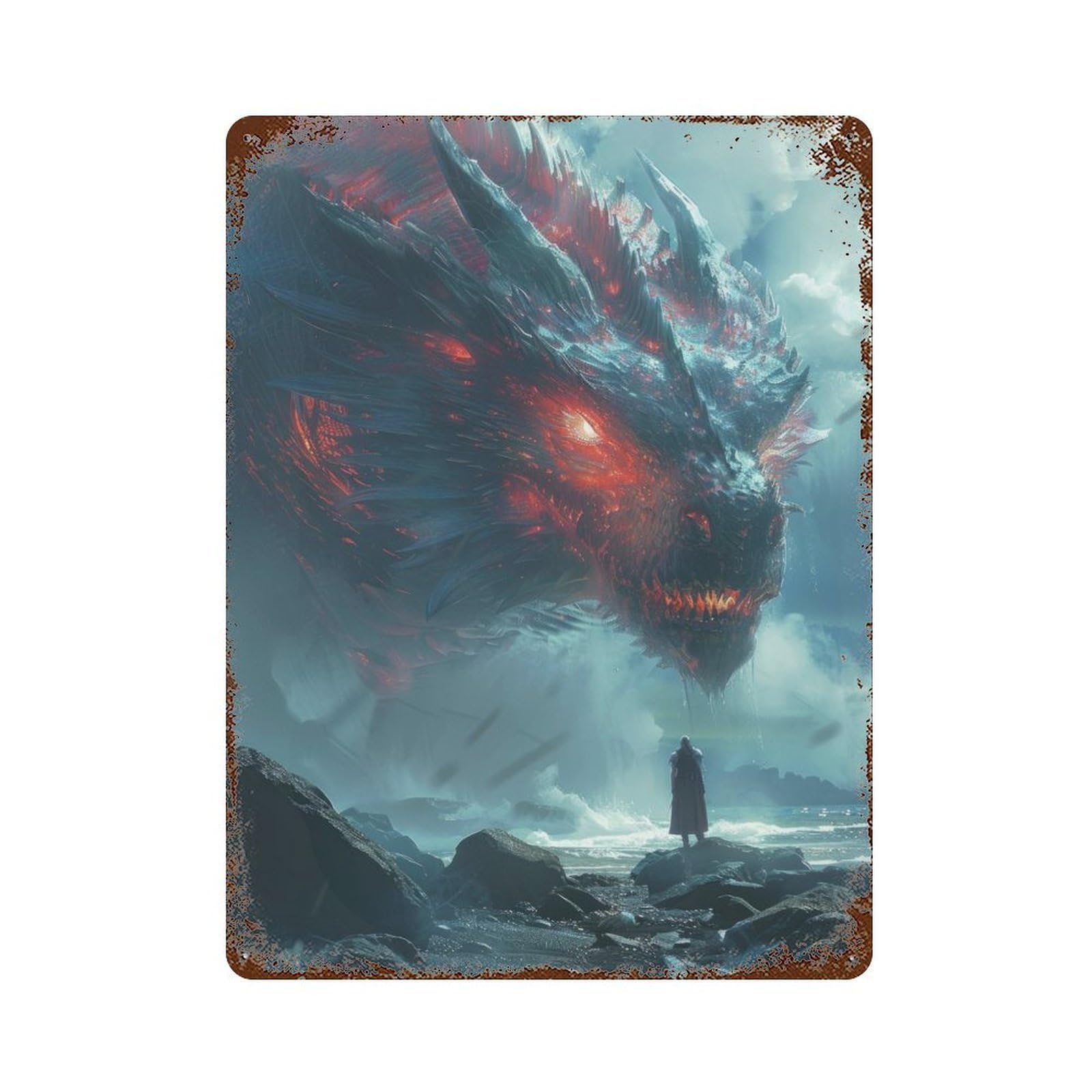 Weathered Tin Sign Celestial Dragon 15.7"x11.8", Rustic Home Decor for Bistro, Counter And Cafe Decor