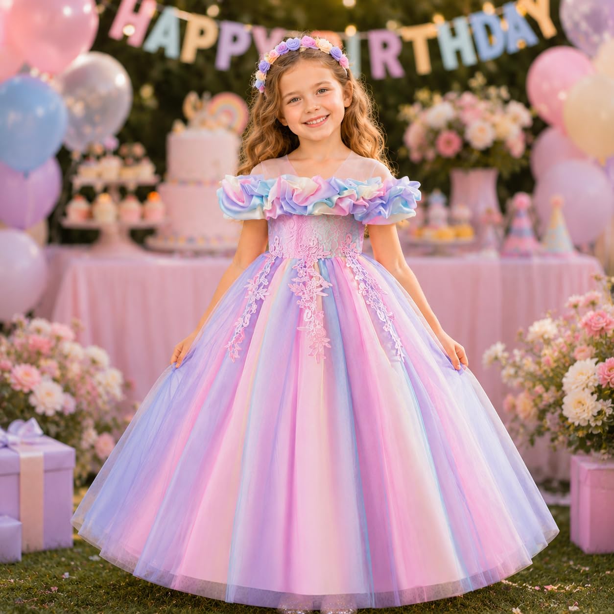 Maxi abito da bambina in pizzo con ricamo a spalla fredda in tulle, tutù, abiti da principessa, ragazza, comunione, treno, compleanno, matrimonio, festa, damigella d'onore