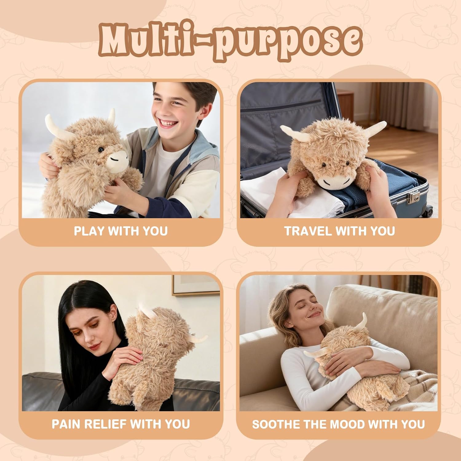 Highland Cow Stuffed Animals, Weighted Stuffed Animals with Removable Microwave Heating Pad for Period Cramps, Pain Stress Relief for Women, Lavender Scented Cow Plush for Relax, Highland Cow Gifts