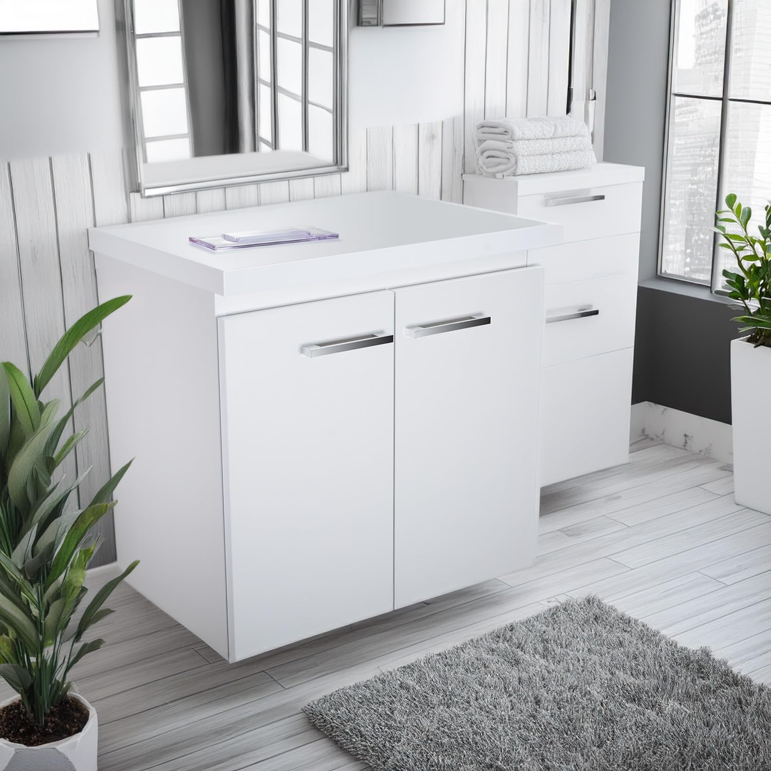 Armario de baño con accesorio Bilbao Top (ancho x profundidad x alto) 61,5 x 40 x 58 cm, armario para lavabo, armario inferior con encimera, armario bajo lavabo blanco