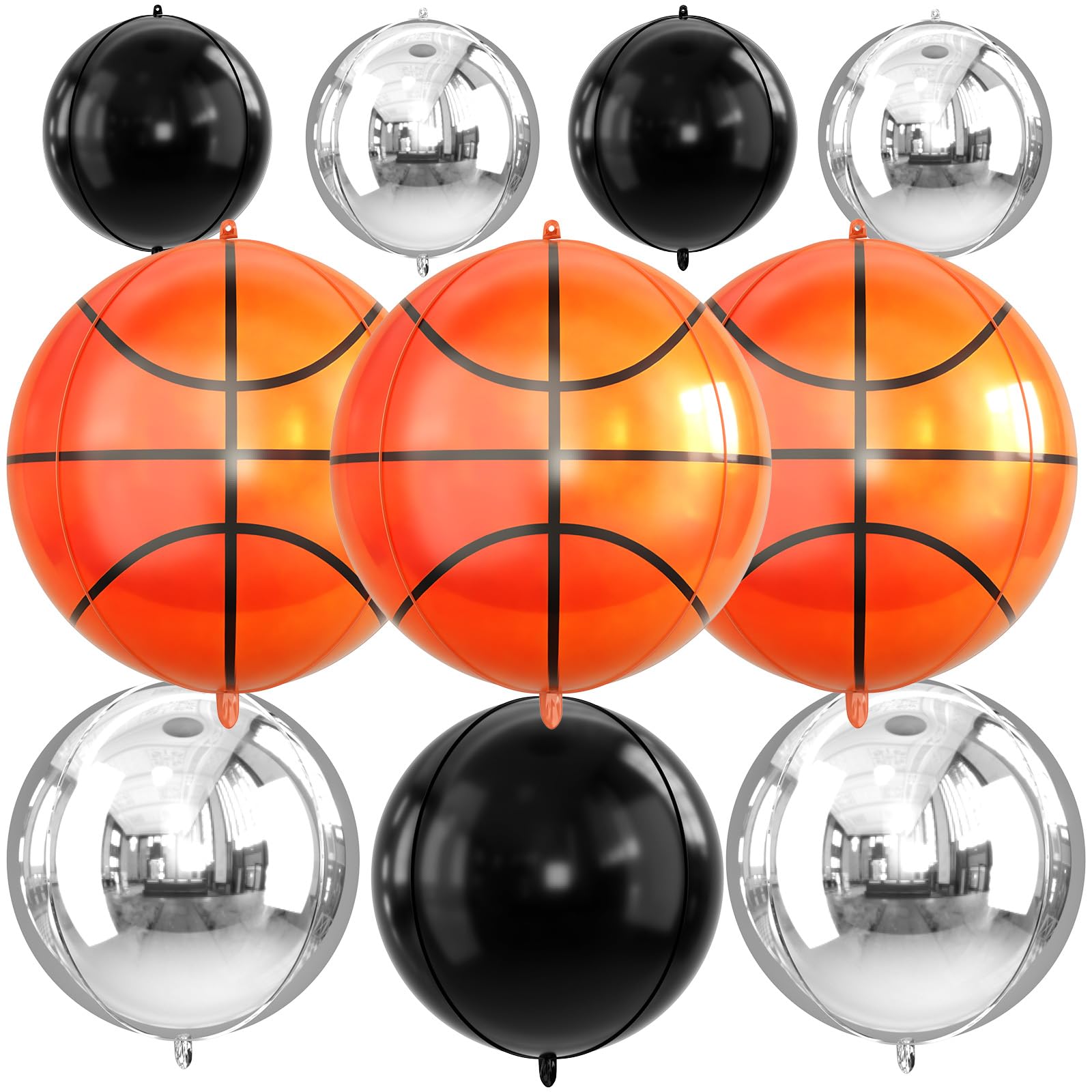 Basketball Round Foil Balloons, 22" 18" 15" 4D Helium Balloon, Basketball Black Silver Foil Baloon for Graduation Birthday Wedding New Year 2026 Boho Theme Party Decorations — image 1