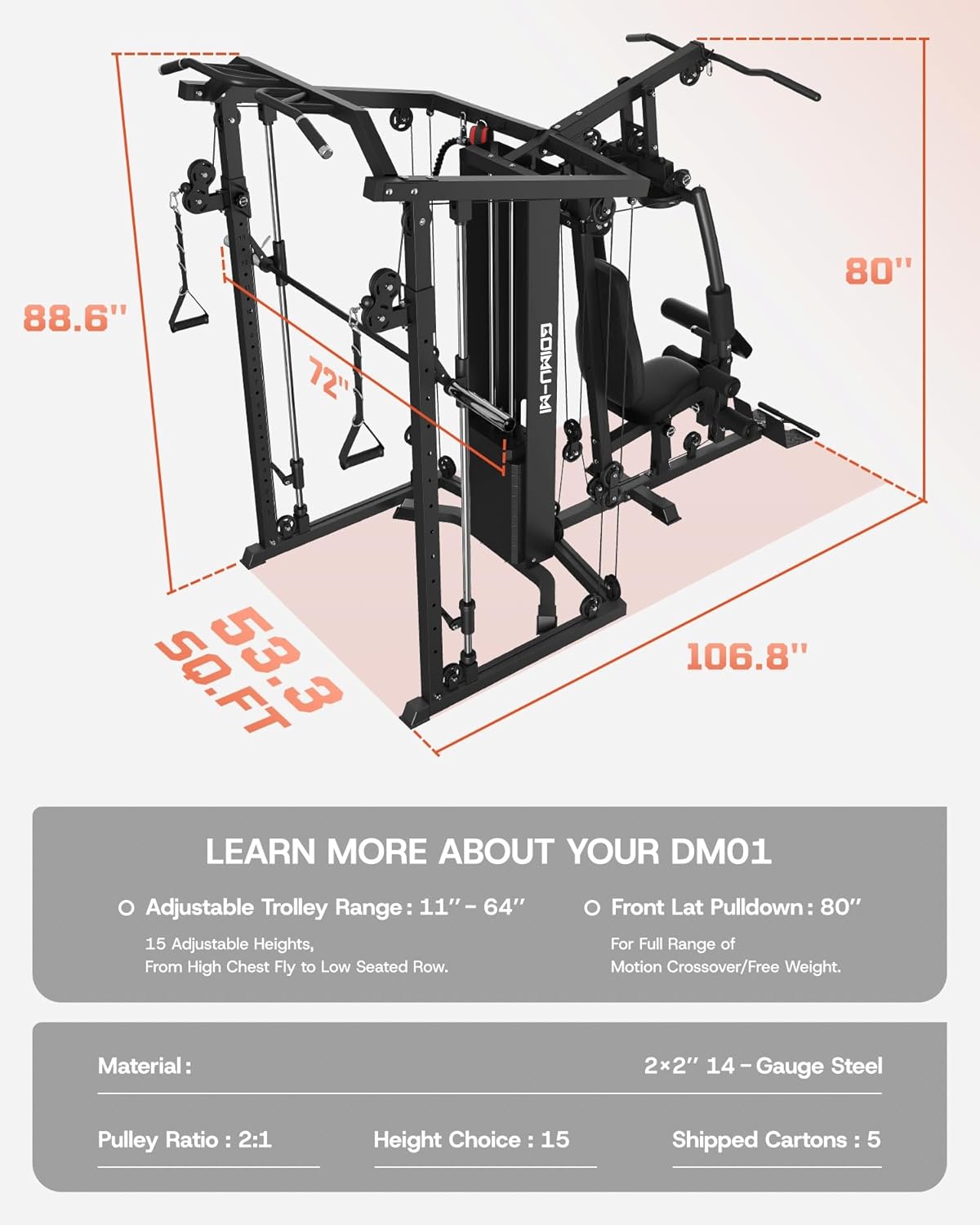 DM01 Dual-Station Smith Machine Home Gym, 140LB Weight Stack with LAT Pull-Down & Leg Press, All-in-One Workout Station for Couples & Family Strength Training