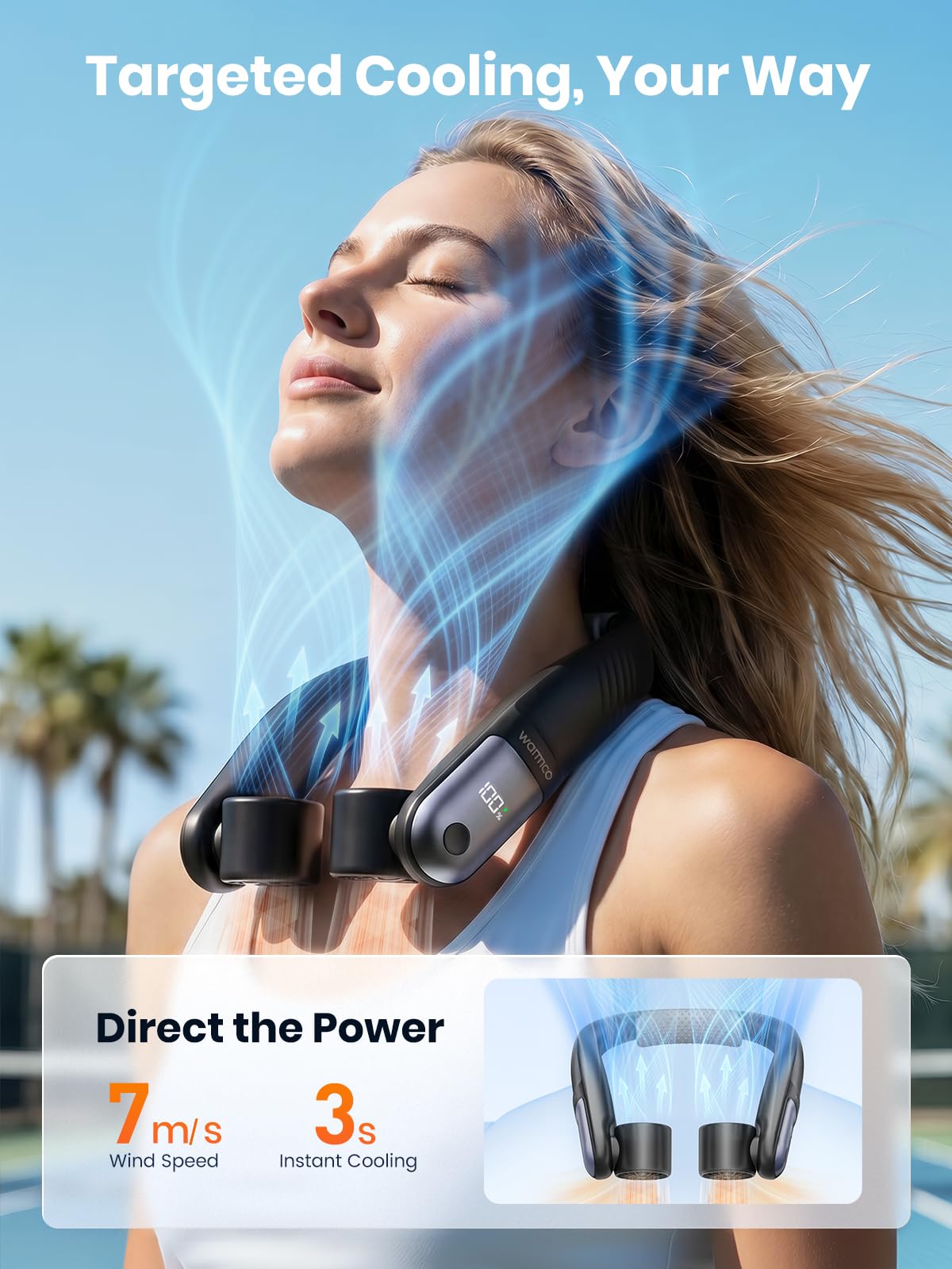 Warmco Ventilador de cuello de 10000 mAh, batería de 30 horas, ventilador portátil de 4 velocidades, doble flujo de aire de 60°, manos libres, para camping, gimnasio, viajes y al aire libre