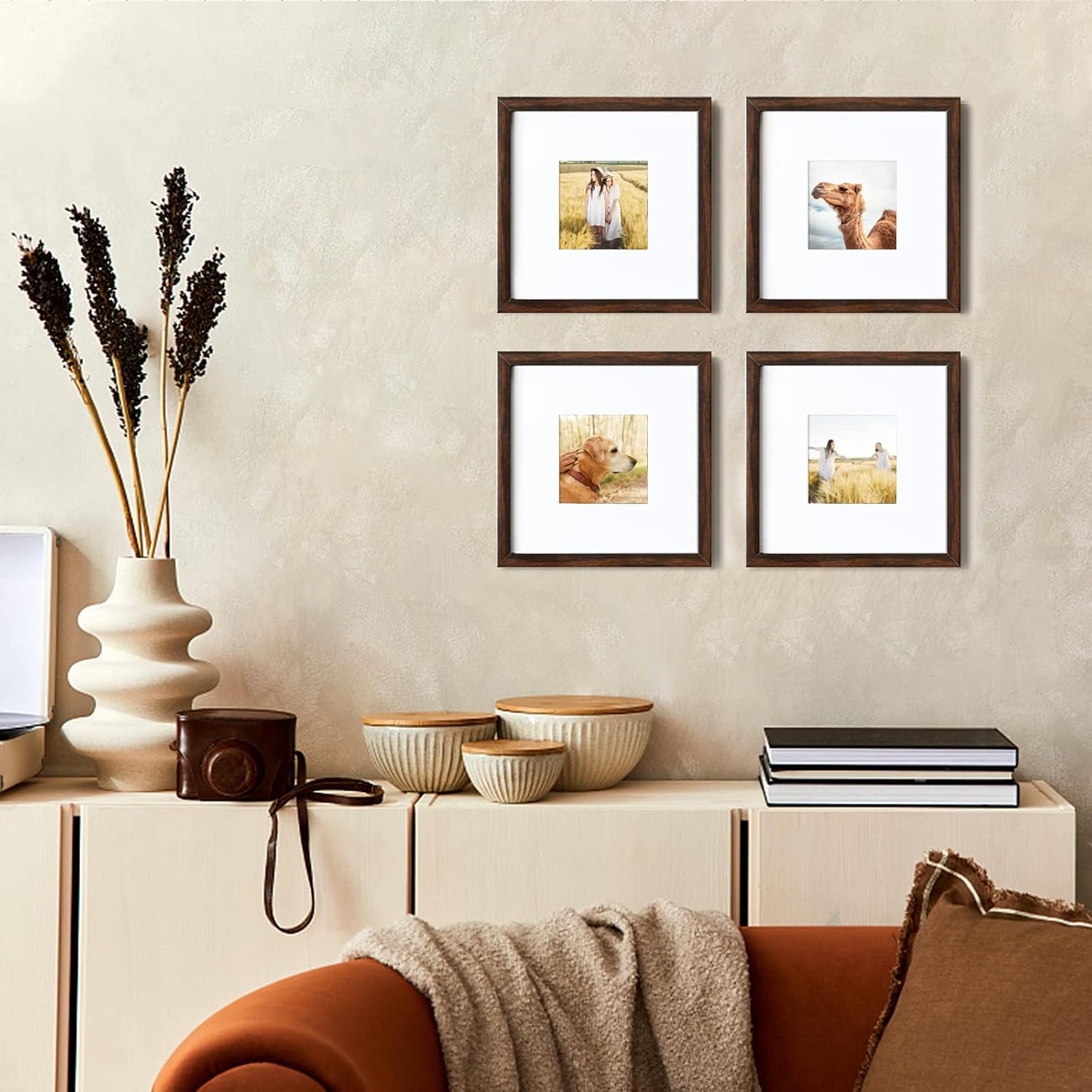 KINLINK 8x8 Picture Frame Brown Set of 4, Wooden Square Photo Frames Matted 4x4 with Plexiglass for 4x4 with Mat or 8x8 without Mat for Table and Wall Display