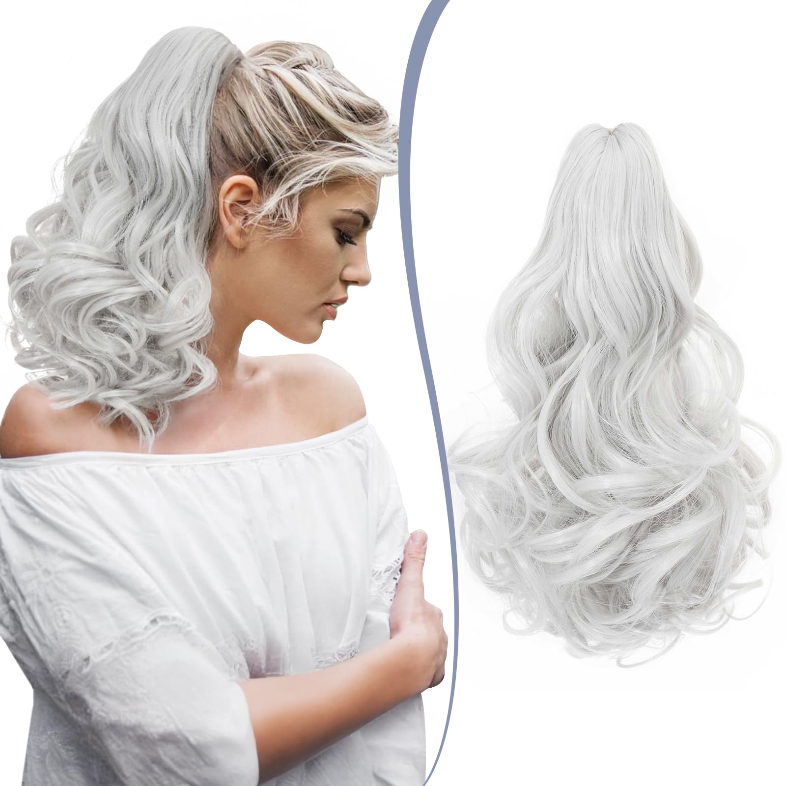 TESS Claw On Ponytail Extension Matte Material 14 Inch/37cm Curly Wavy Clip In Pony tail Synthetic Hairpiece, Silver Gray