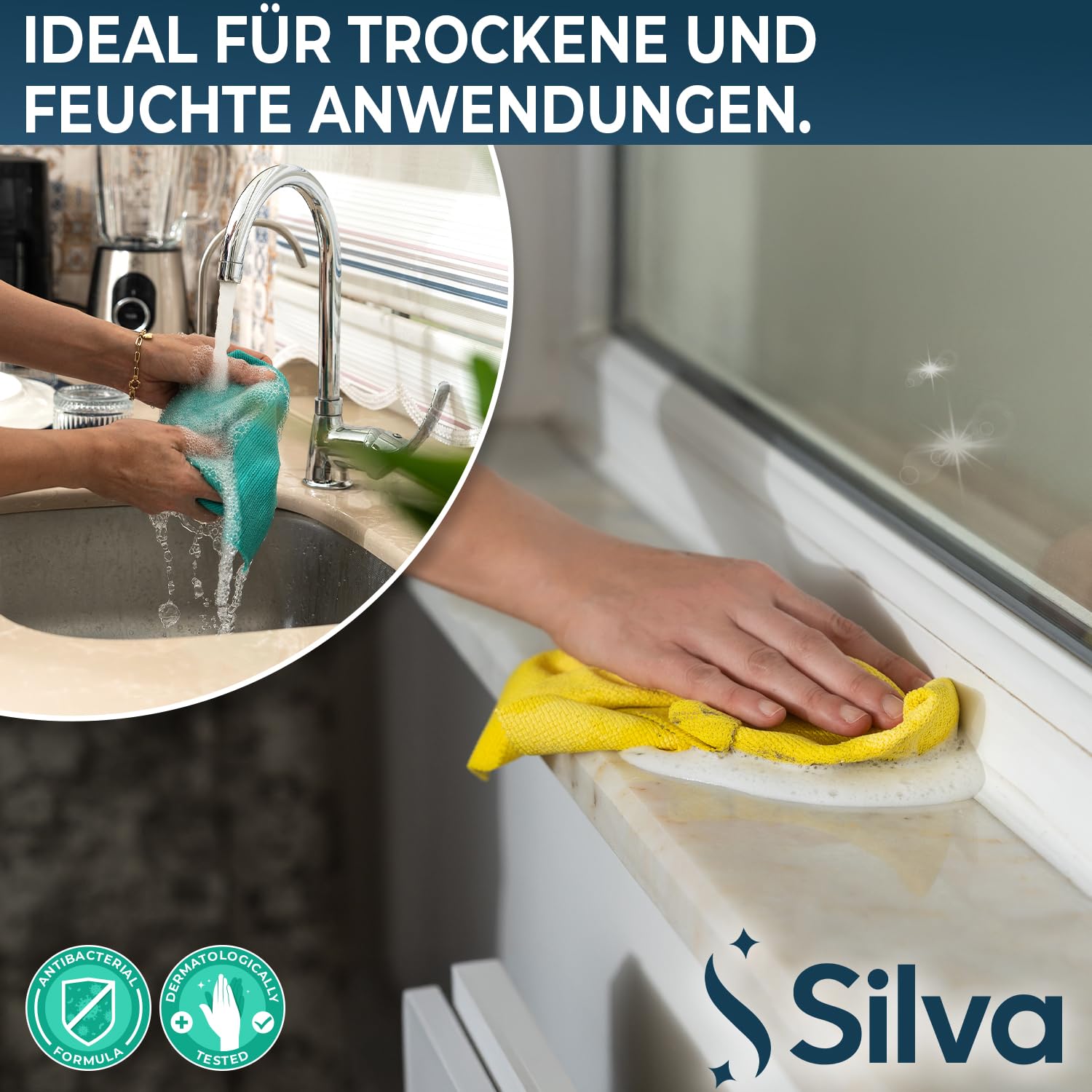 Silva Mikrofasertücher 38x35 cm – 12er Set Mix Farben – Fusselfrei, kratzfrei & saugfähig – Waschbare & Wiederverwendbare Allzwecktücher für Küche, Bad, Fenster, Glas, Möbel & Auto – Bunt & langlebig