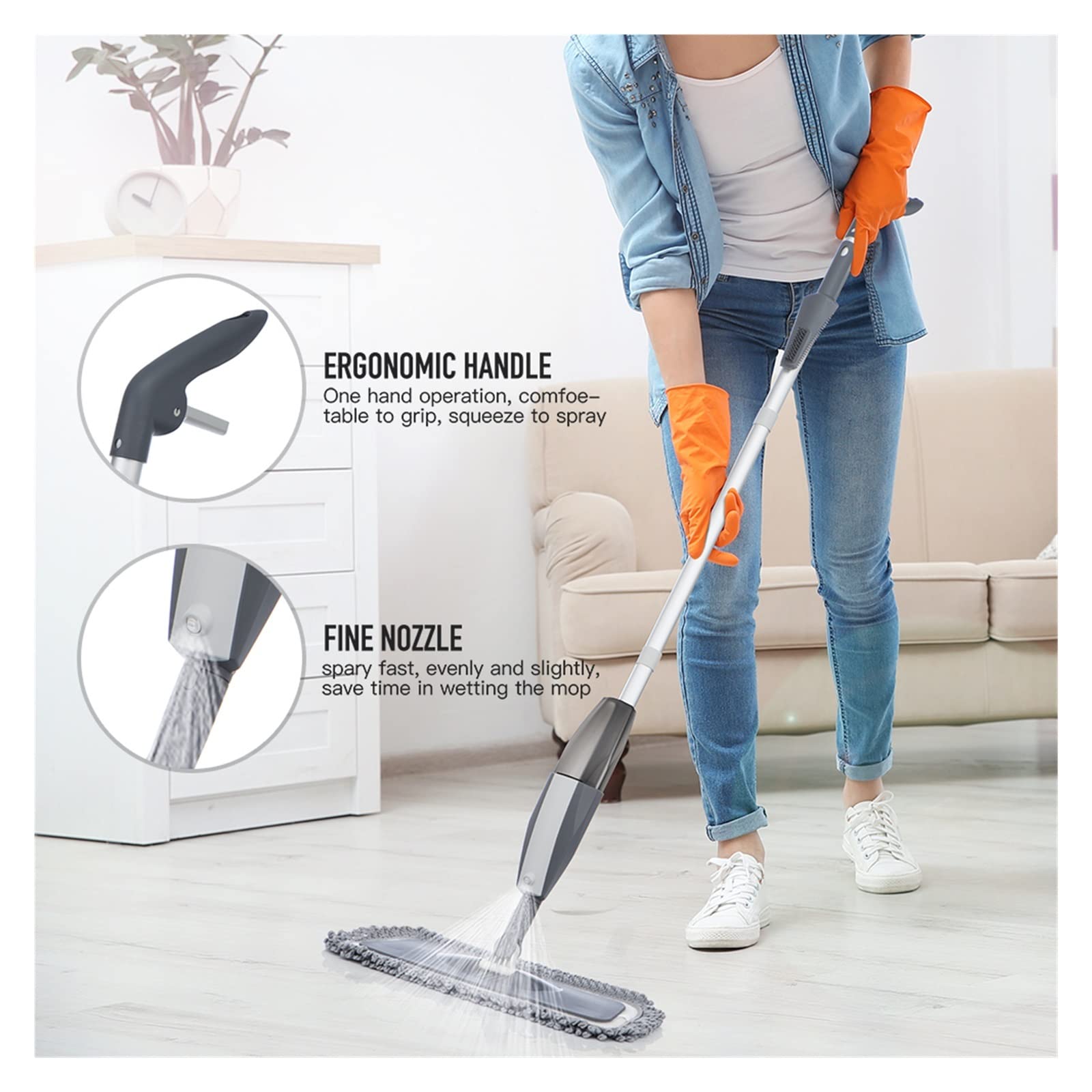 Trapeador mágico en aerosol for pisos de madera con almohadillas de microfibra reutilizables, mango de 360 ​​grados, for ventanas del hogar, cocina, fregona, barredora, escoba, herramientas de limpiez