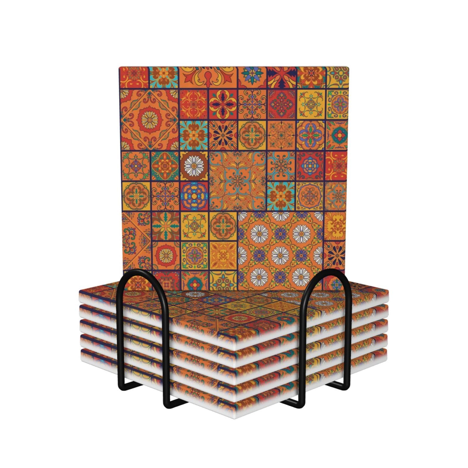 Group Of Moroccan Geometric Printed Ceramic Coasters Set Of 6, Square Non-Slip Drink Coasters Sets With Absorbent Cork Base And Metal Holder