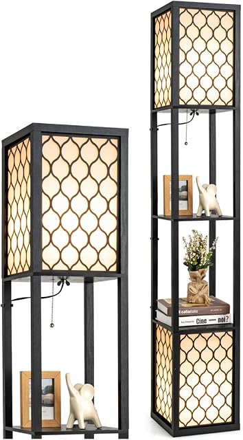 COSTWAY Floor Lamp with Shelves, 1/2 Lampshade Standing Light with Chain Switch & Foot Switch, Reading Lamp for Bedroom, Living Room, Office, Home Decoration (2 Lampshades, with Foot Switch)