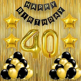 Black Gold 40th Birthday Party Decorations with Birthday Banner, Star, Latex Balloons, Curtains and 40 Digit No. Set of 39 Supplies