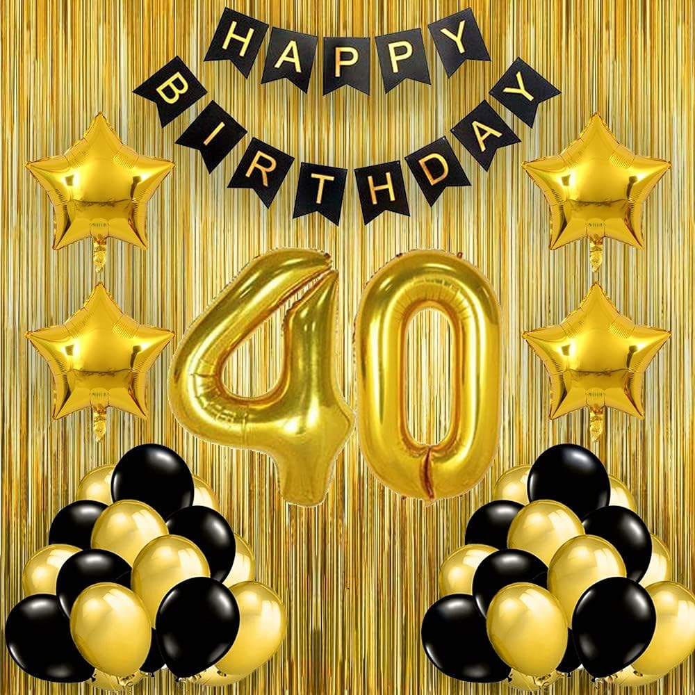 Black Gold 40th Birthday Party Decorations with Birthday Banner, Star, Latex Balloons, Curtains and 40 Digit No. Set of 39 Supplies