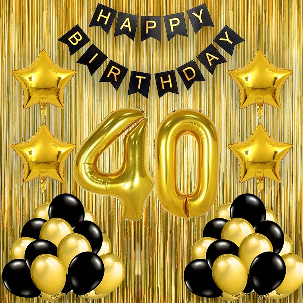 Pop The Party Black Gold 40th Birthday party Decorations With Birthday Banner, Star, Latex Balloons , Curtains and 40 Digit No. Set Of 39 Supplies