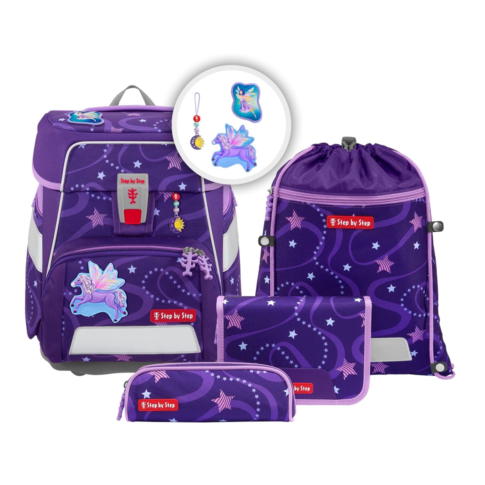 Step by Step Tornister szkolny Space, 5-częściowy, ergonomiczny tornister z odblaskami, regulacja wysokości z paskiem biodrowym, od 1. klasy, 20 l, Pegasus Emily - fioletowy, Rozmiar uniwersalny