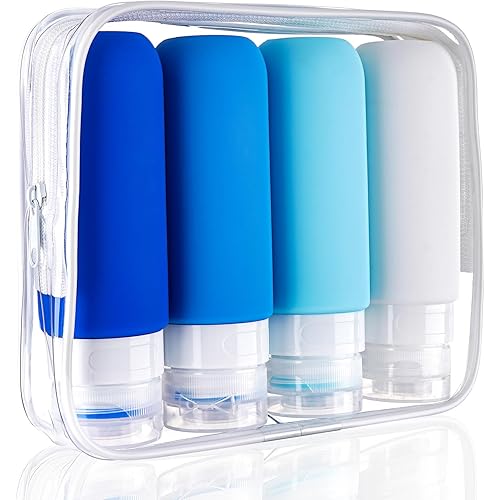 Travel Bottles for Toiletries 4 Pack 3oz Tsa Approved Auto-Rebound Travel Size Containers Squeezable Leak Proof Refillable Silicone Travel Accessories Toiletry Bag,Label,Brush