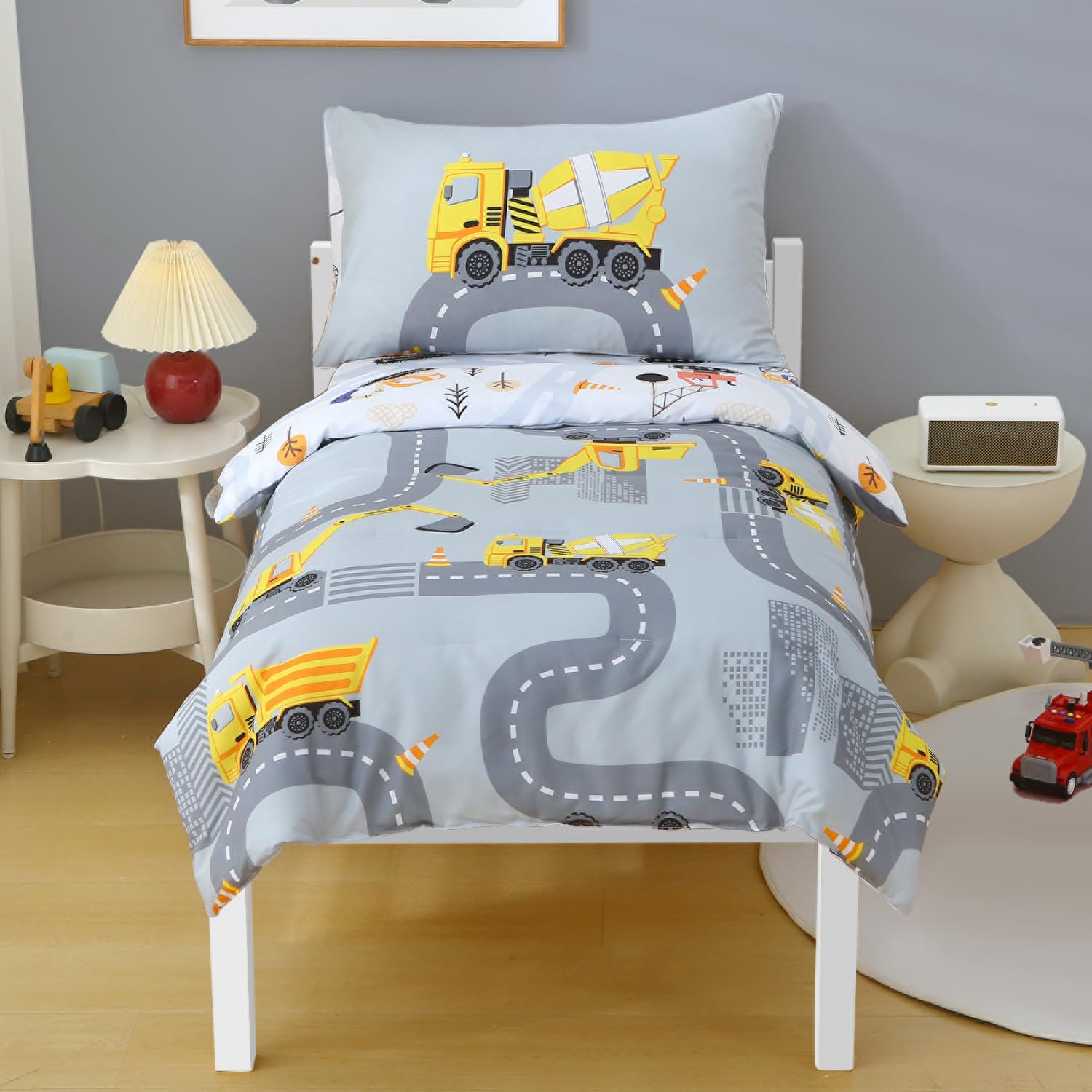 JQWUPUP Grey Construction Cars Cot Bed Duvet Cover Set 120 x 150cm for Boys, Reversible Engineering Digger Highway Microfibre Toddler Bedding Set with Zipper