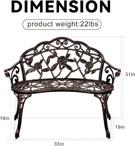 Miniatura 3 de Banco de patio al aire libre, bronce, acero, 33 pulgadas de largo x 19 pulgadas de ancho x 31 pulgadas de alto, capacidad de peso de 300 libras