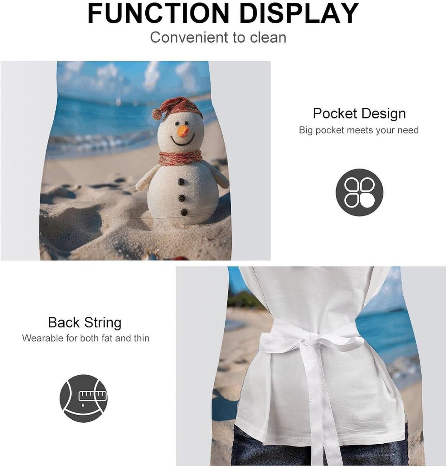 Sand Snowman on Beach Apron Adjustable Chef Apron with Pocket for Men Women Waterproof Bib Apron Durable Cooking Apron for BBQ Baking Kitchen Cooking Apron