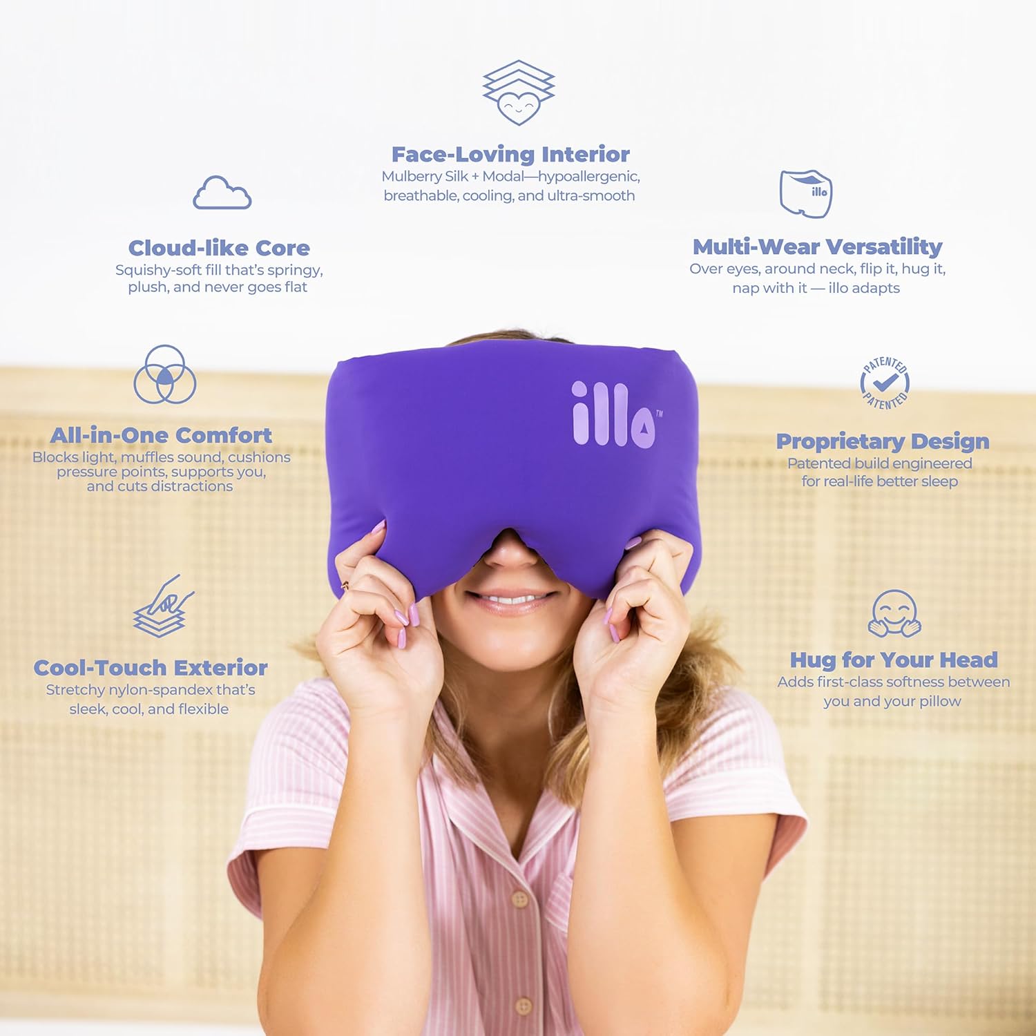 illo Wearable Pillow Sleep Mask | Soft Mulberry Silk Blend Patented Blackout Weighted Eye Mask for Women Sleeping | Her Great Birthday Gift for Mom Wife Sister Grandma Girlfriend Teacher & Friend