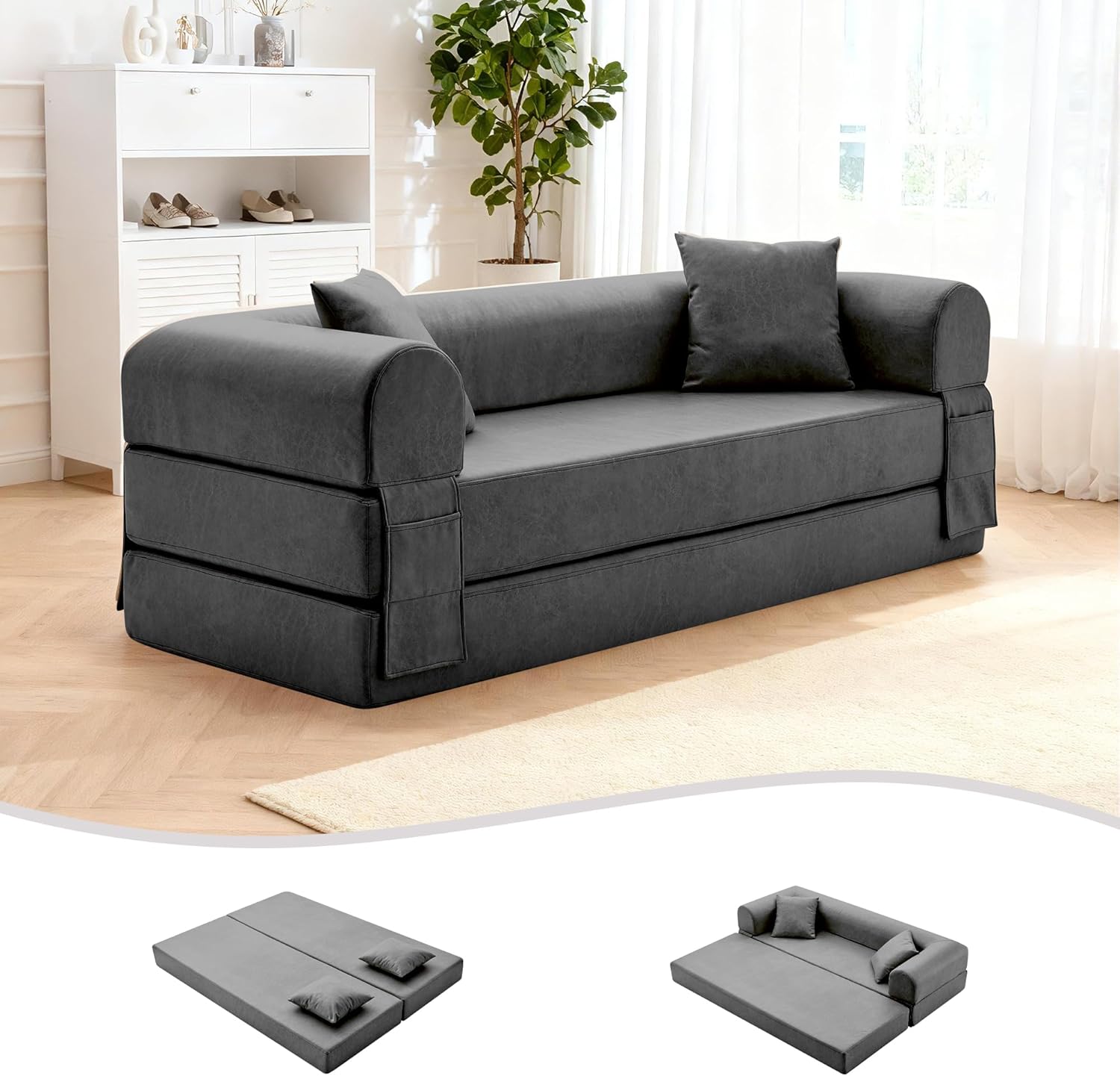 78.5" Convertible Sleeper Sofa Bed, Faux Leather Folding Floor Sofa with Pullout Bed&2 Pillows, No Assembly Modern Boneless Couch Compression Sofa in Box with Storage Pocket for Living Room, Gray