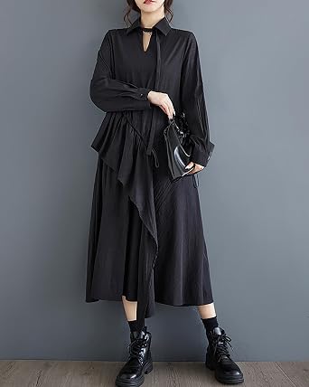 ellazhu Women's Dress Long Sleeve V-Neck Lapel Solid Flowy Hem Patchwork Drawstring Loose Oversize GZ287
