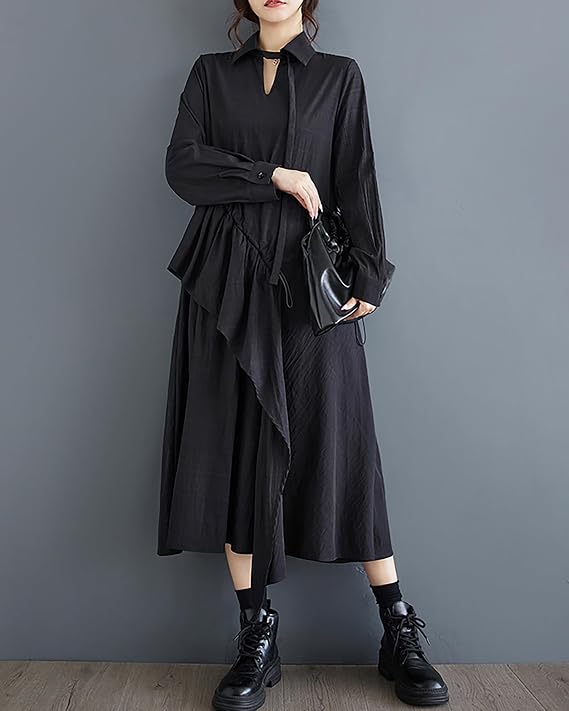 ellazhu Women's Dress Long Sleeve V-Neck Lapel Solid Flowy Hem Patchwork Drawstring Loose Oversize GZ287