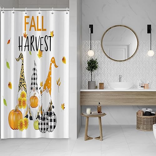 Vista 15 de Yeele Cortinas de ducha de otoño de Acción de Gracias, bonita cortina de ducha de gnomo y calabaza para baño, borde de rejilla blanca y negra