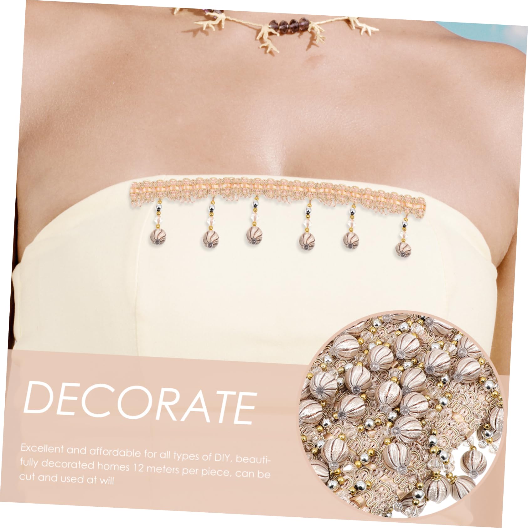 Frangia Perline Beige in Poliestere 12 Metri, Rifinitura Decorativa Per Tende e Divani, Accessorio Artigianale Per Sartoria e Arredamento Casa