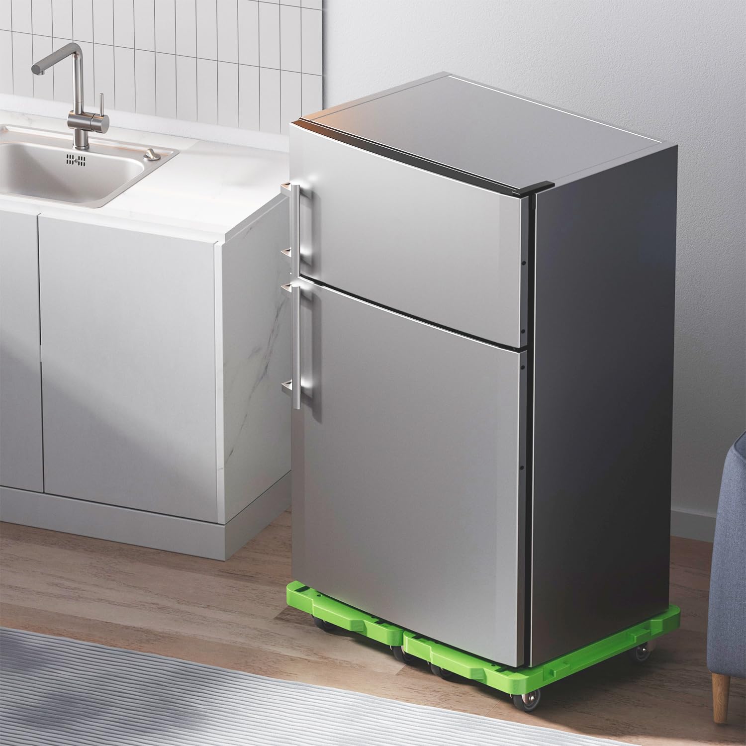 Chariot à roulettes Plat 42 x 29 cm, Design splicable, capacité 227 kg, roulettes pivotantes 5 cm pour Tous sols, idéal pour Maison, Bureau, Garage avec 2 Sangles élastiques (Lot de 2, Vert)