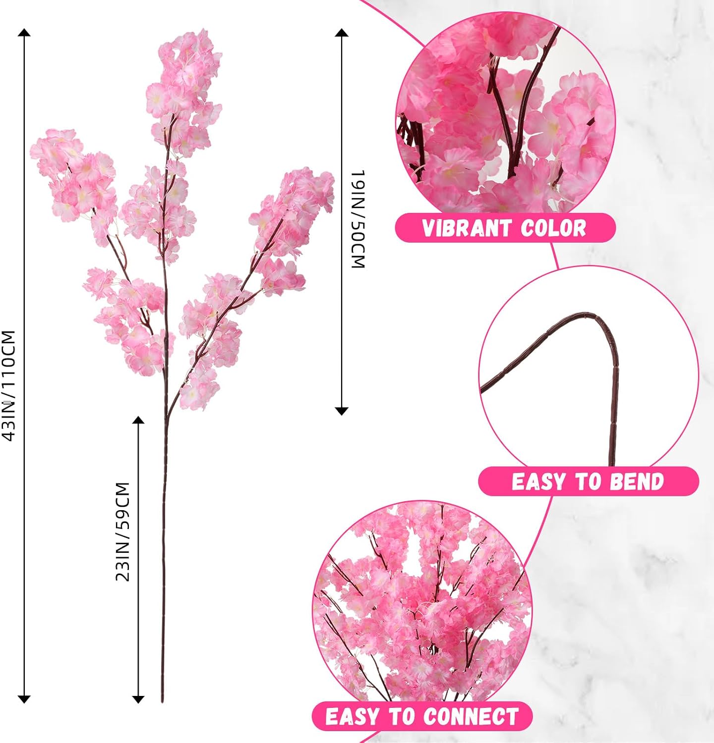 6 pcs artificial spring cherry blossoms in cream silk cherry blossom branches 43 inch long stem faux tree stems bouquet bulk flowers vase arrangements for home decor(deep pink,classic) deep pink classic