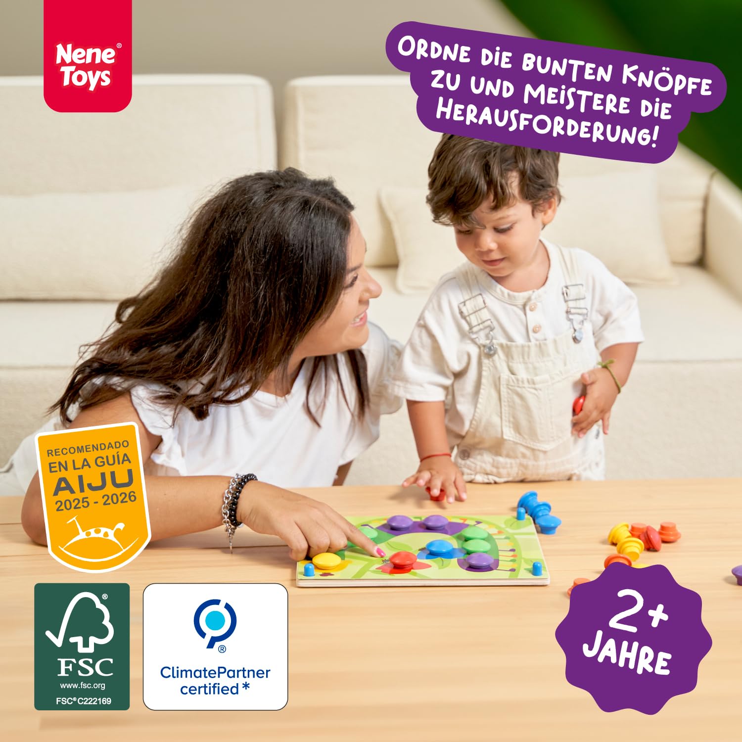 Nene Toys Holz-Steckspiel für Kleinkinder ab 2 Jahren – Mosaik-Steckspiel für Kinder 2–3 Jahre – Montessori Spielzeug mit Holzsteckern & Zuordnungskarten – Lernspiel für Jungen & Mädchen