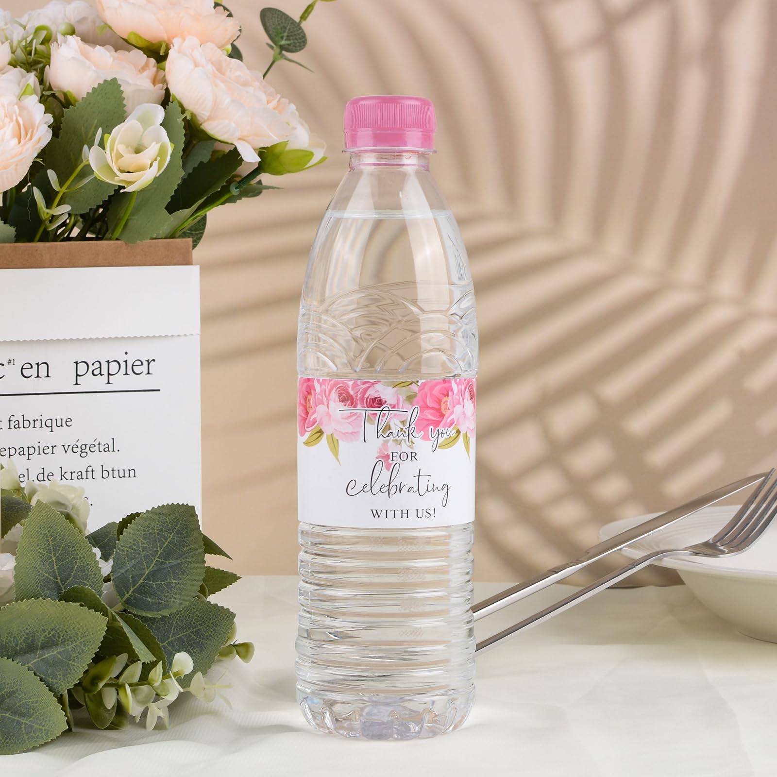50 Etichette Adesive Per Bottiglie Floreali 'Thank You' - Impermeabili, 5x21 Cm, Per Feste