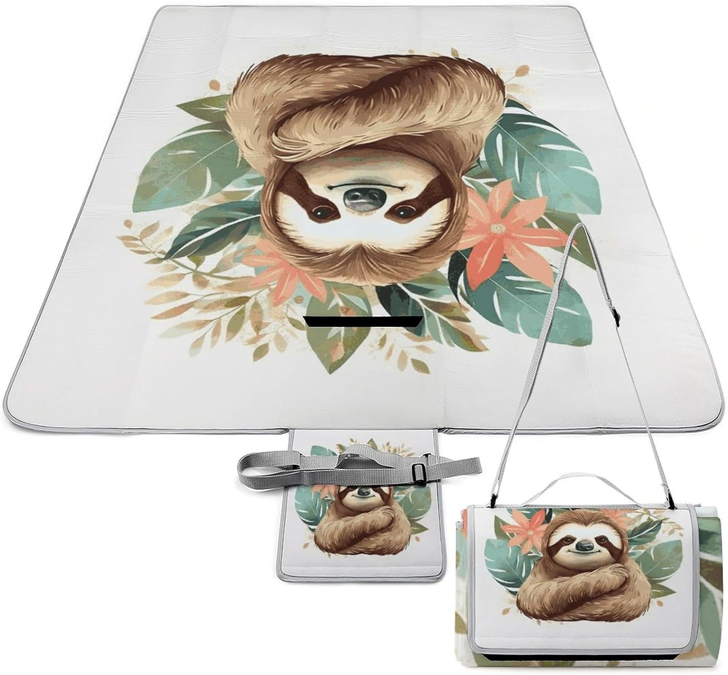 Outdoor Picnic Blanket Extra Large Beach Blanket Waterproof Picnic Mat Cute Sloth Leaves Camping Blanket Portable with Carry Strap Park Blanket for Grass Camping Park