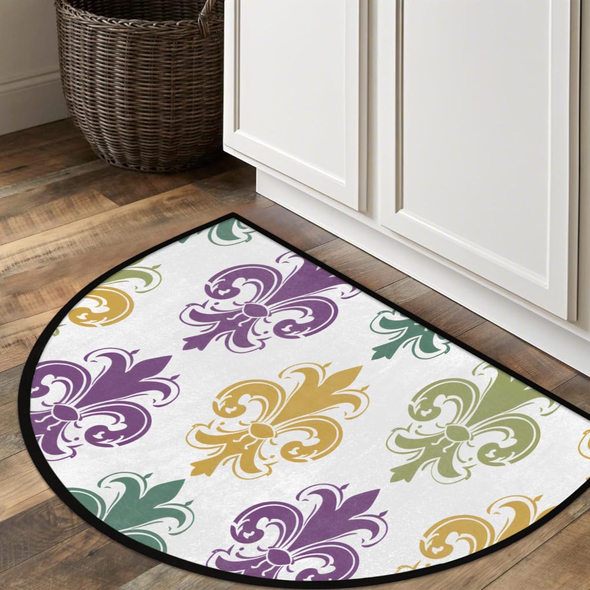 Front Door Mat Indoor Outdoor Entrance, Mardi Gras Fleur De Lis Half Round Door Mat Absorbent Non-Slip Backing Welcome Doormat Patio Entryway Low Profile Floor Mats for Kitchen Fireplace 36" x 24"