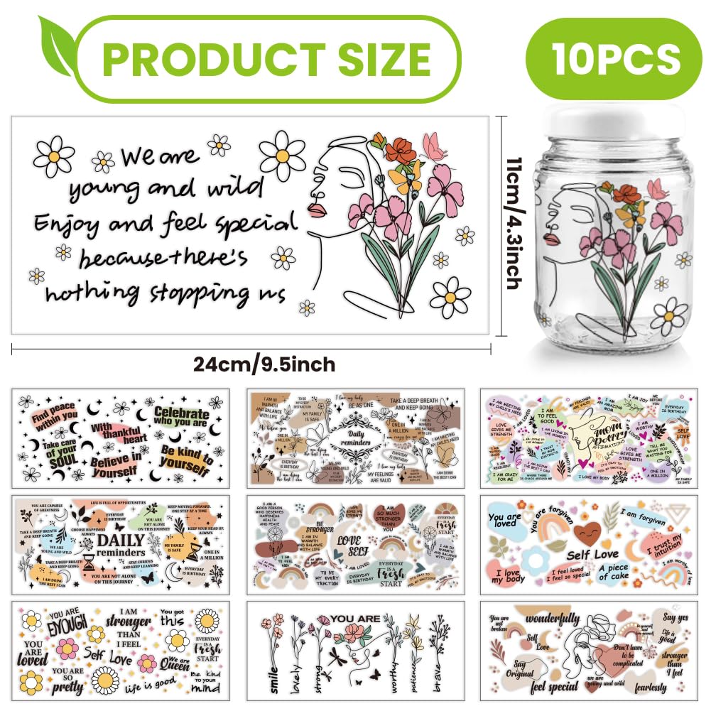 arricraft 10 Styles UV DTF Sticker, PVC Glass Transfer Paper, Inspirational Words Rub on Transfers, Vintage Cup Wrap Sticker - Image 2