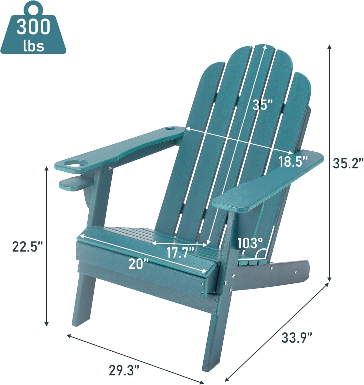 MONDAWE Adirondack Chair Weather Resistant,Plastic Patio Chairs with Cup Holder & Umbrella Hole,Wood Texture Fire Pit Chair w/ 300lb Weight Capacity,Turquoise