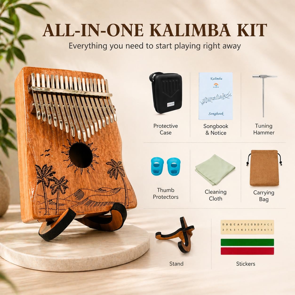 ORORA Kalimba instrument muzyczny dla dzieci i dorosłych, 17-klawiszowy fortepian z grawerunkiem i lakierowanym drewnem, ebook z 50 nutami, etui i akcesoria do pielęgnacji w zestawie, oryginalny