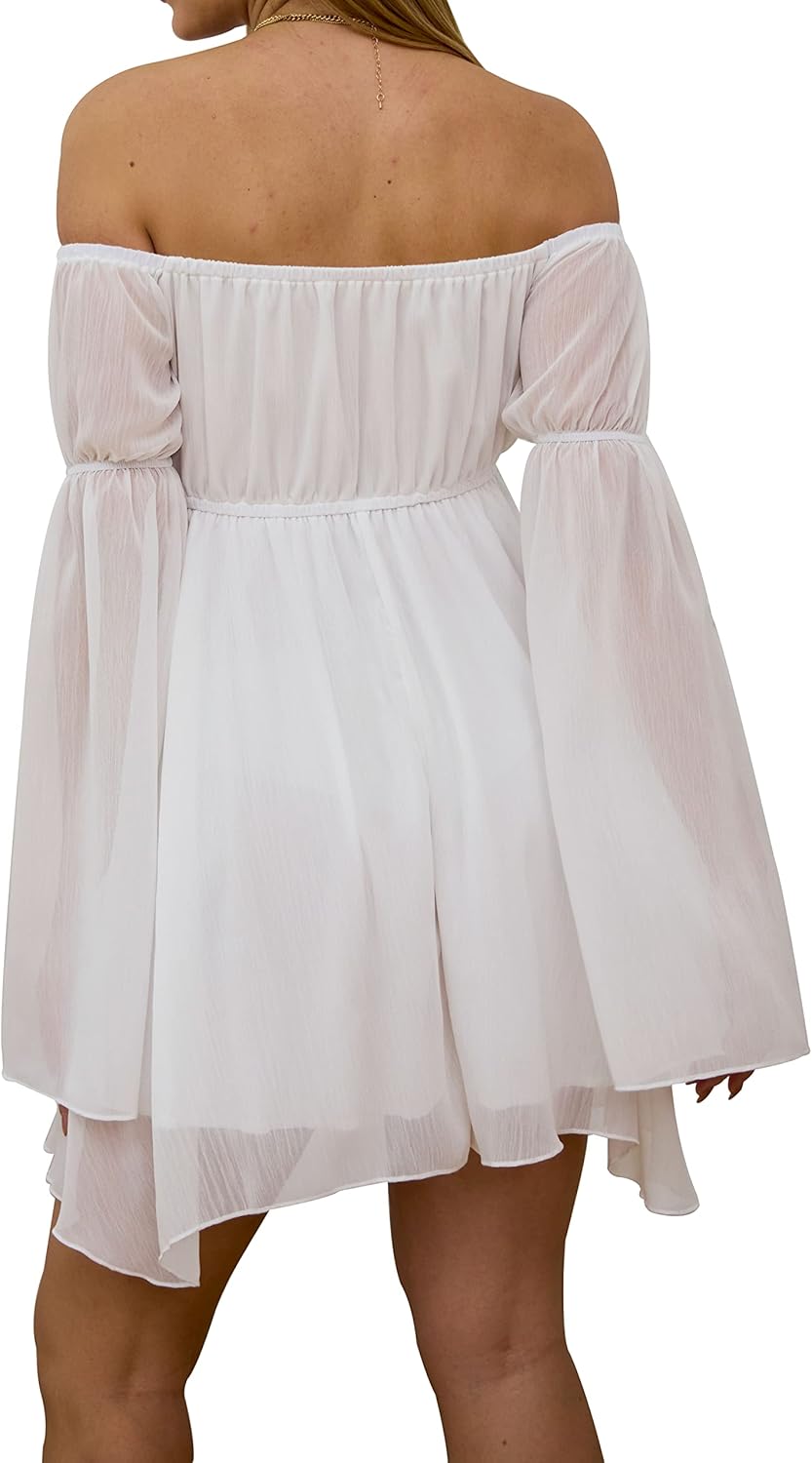 ETATNG Womens Summer Off Shoulder Bell Sleeve Lace Up High Waist Party Travel Irregular Mini A Line Dress - Image 2