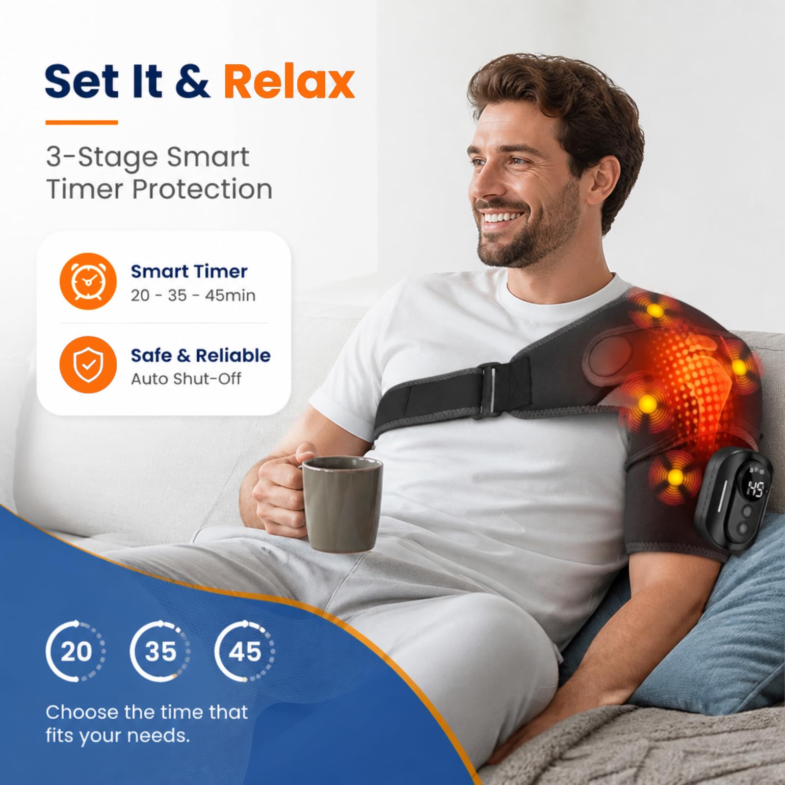 Triple méthode Masseur d'épaule avec chaleur et vibration, 5 niveaux de chaleur et 5 modes, 5000 mAh, séparation magnétique, réglable, respirant – Vainqueur du test Appareil de massage des épaules