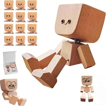 Shaking Feet Wooden Doll, Charming Little Handmade Shaking Wooden Man Figurine with 12PCS Magnetic Expressions, Car Dashboard Accessories, Funny Wood Desktop Decor, Portable Creative Gift D