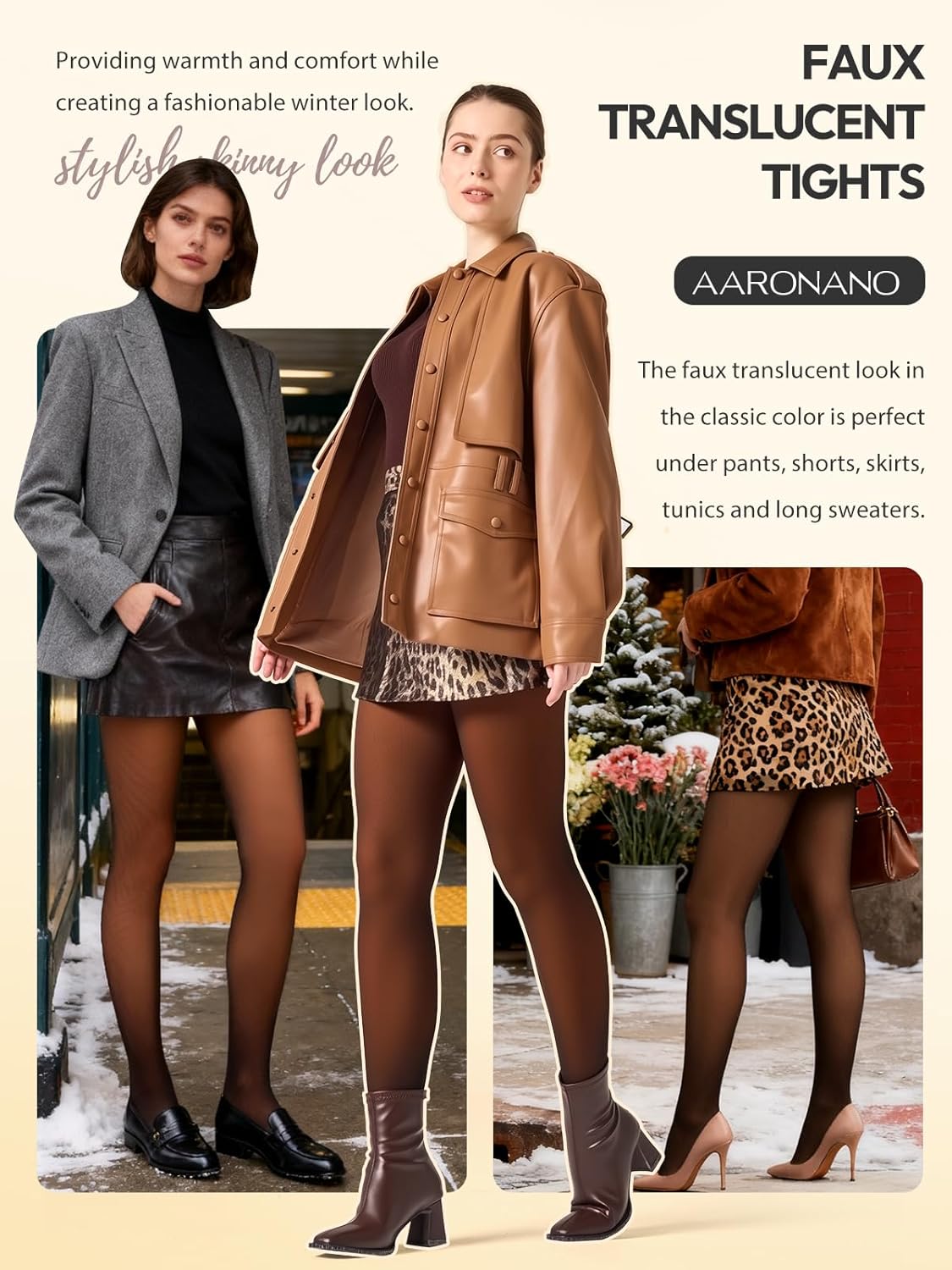 Womens Fleece Lined Tights Control Top Triangle Crotch Thermal Leggings Fake Translucent Warm Stockings