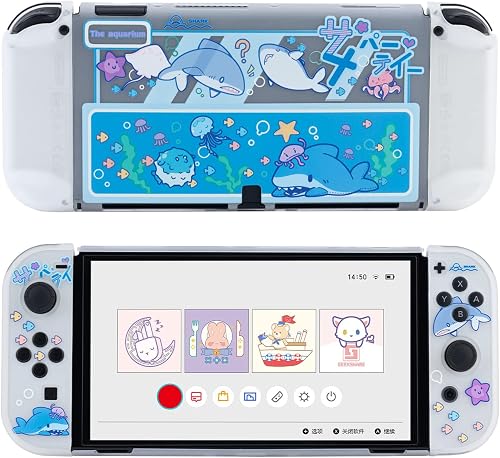GeekShare Protective Case Slim Cover Case Compatible with Nintendo Switch OLED Console and Joy Con, Shock-Absorption and Anti-Scratch Cover Skin for Switch OLED 2021- Shark Party (Clear)