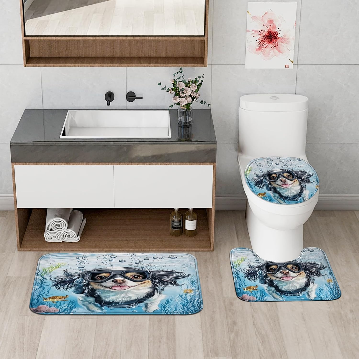 4PCS Spring Japanese Chin Dog Bathroom Accessory Sets with Non-Slip Rug, U Shape and Toilet Lid Cover Mat, Fun Puppy Kids Ocean Cartoon Bathroom Decorative-72''x72''