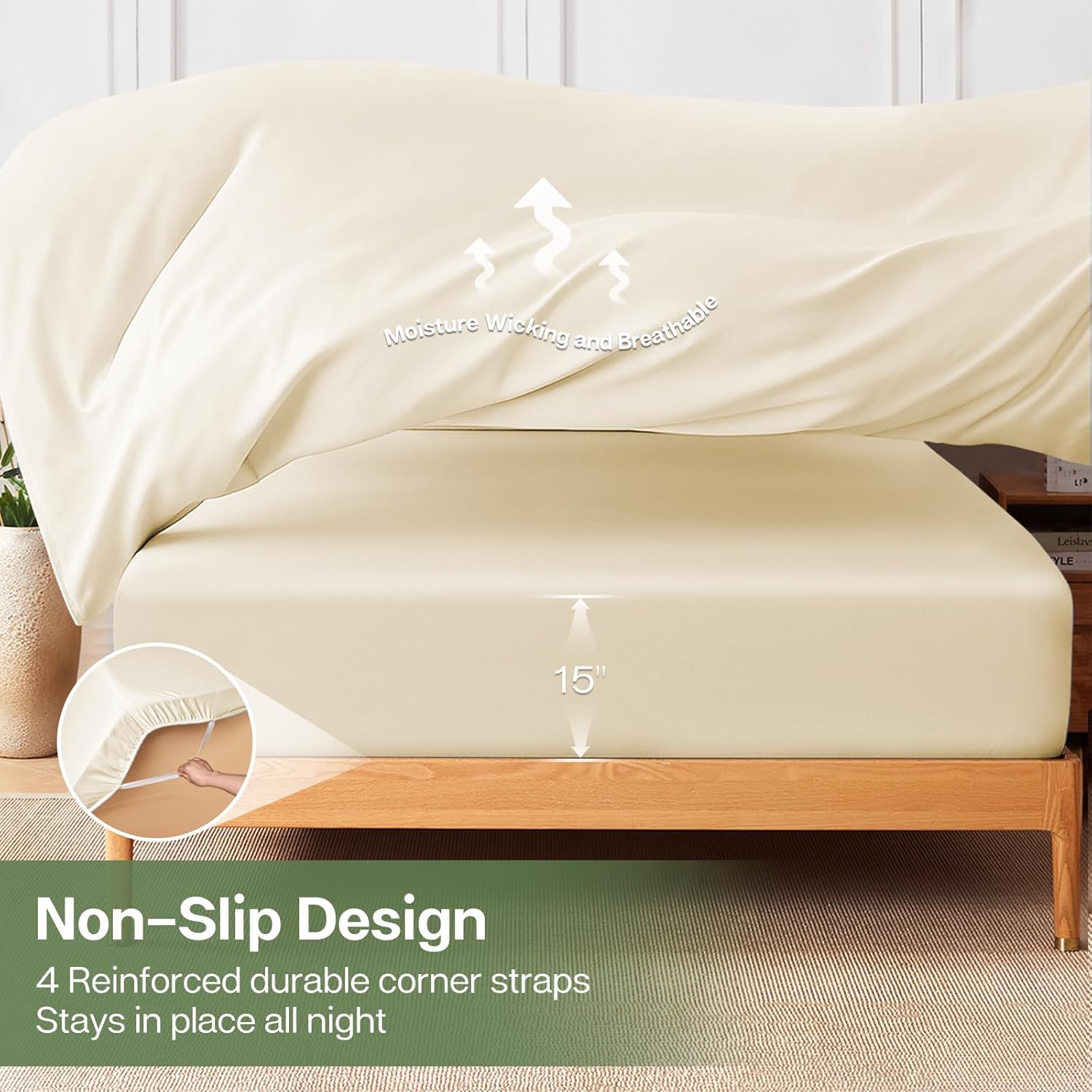 MR&HM King Fitted Sheet Only, Ultra-Soft Rayon Derived from Bamboo & Polyester Blend, Silky & Breathable, 15" Deep Pocket with Elastic Straps, Cooling Fitted Sheet for Hot Sleepers, Cream