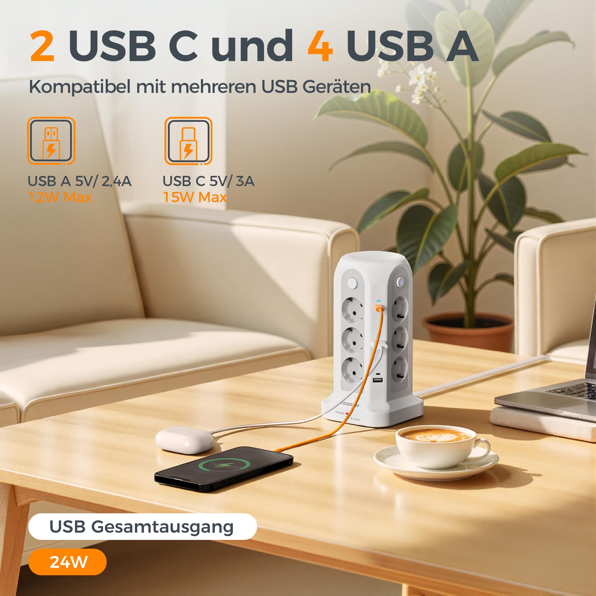 TESSAN Mehrfachsteckdose mit USB, Verlängerungskabel 5M, Weiß | 12 Fach Steckdosenleiste mit 4 Einzelnen Schalter, 2 USB C und 4 USB A, Verteilersteckdose 3680W, Steckdosenturm für Zuhause