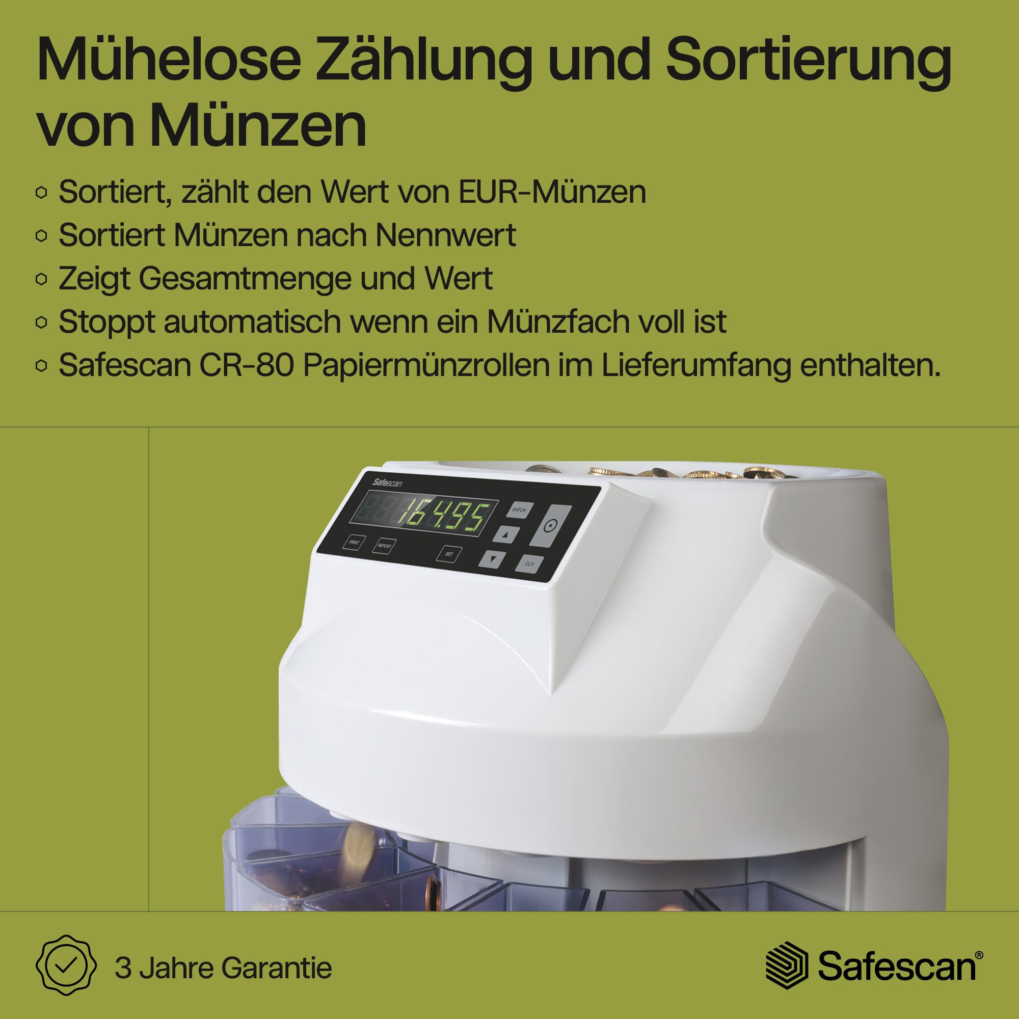 Safescan 1250 EUR Münzzähler, der gemischte EUR-Münzen schnell zählt und sortiert - Münzsortierer, sortiert Münzen nach Stückelung - Geldzählmaschine + Safescan CR-80 EUR - Papier Münzhülsen