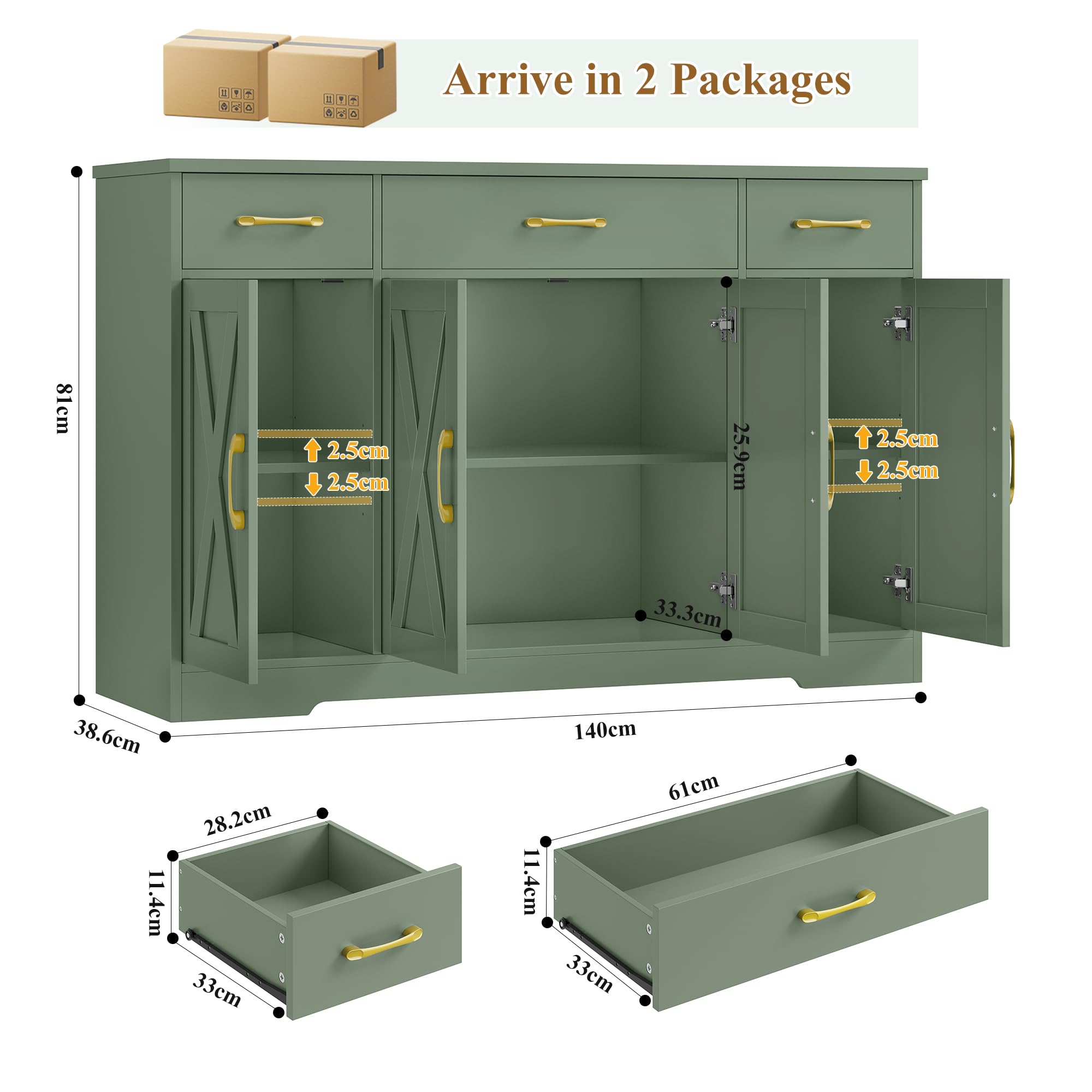 HOCSOK 140 cm Credenza Cucina, Mobile Cucina con 3 Cassetti e 4 Armadi, Buffet Mobile Moderno, Credenza Soggiorno, Mobile per Cucina Ingresso Foyer, Sala da Pranzo, Verde